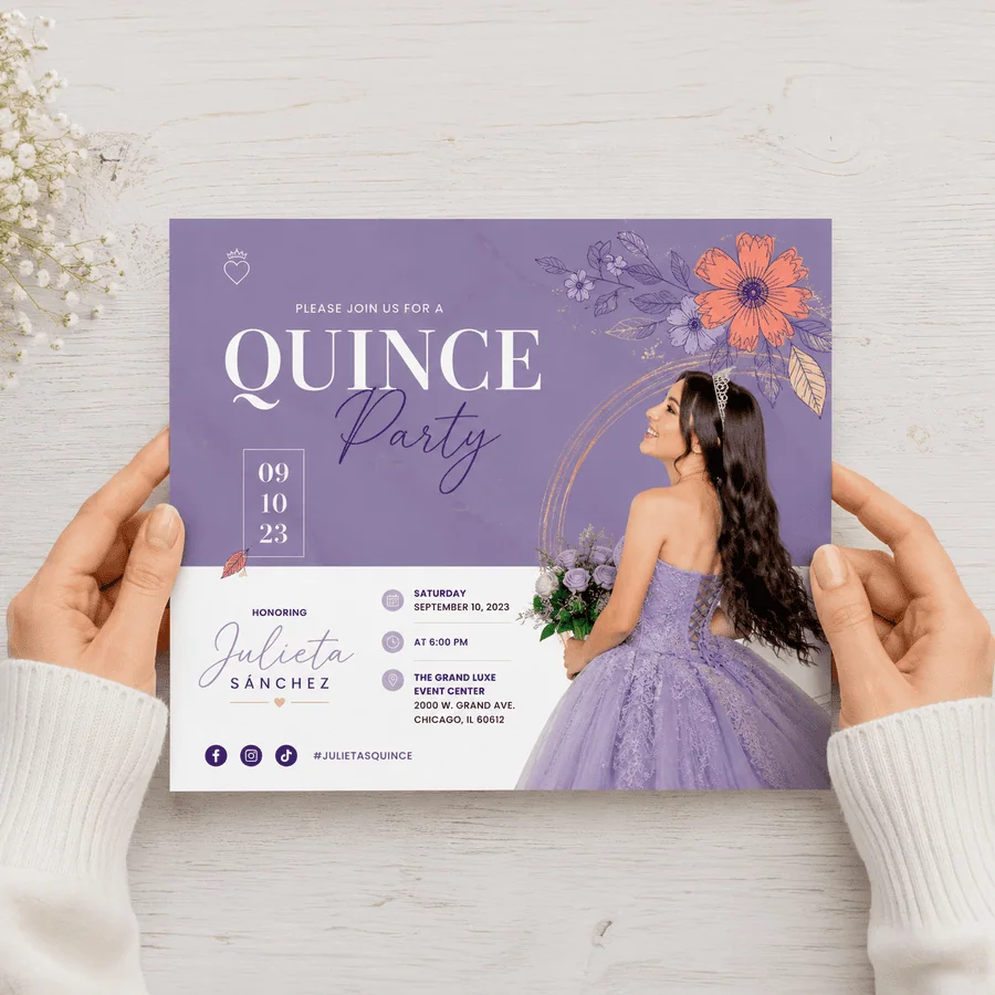 Flyer-style quinceañera invitation with photo and event details