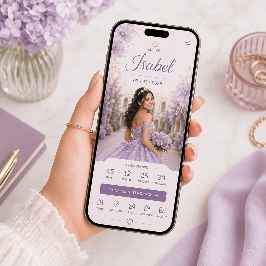 Signature quince website with premium template, personalized photos and guest management